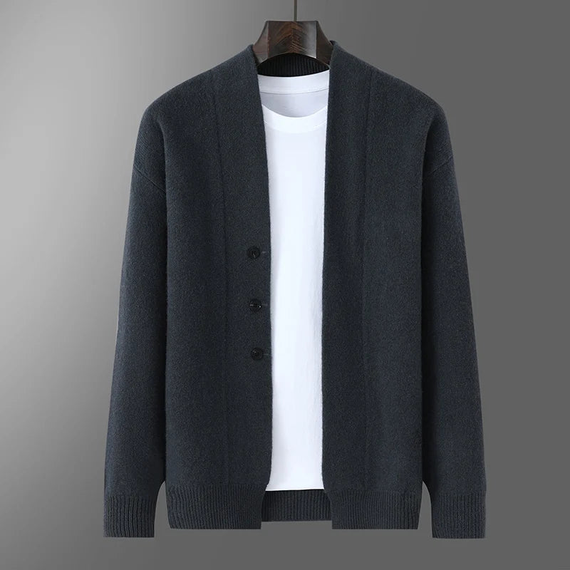 2025 Autumn Winter New Thick Cardigan 100% Pure Wool Men's Versatile Jacket V-Neck Loose Casual Highend Knitted Cashmere Sweater
