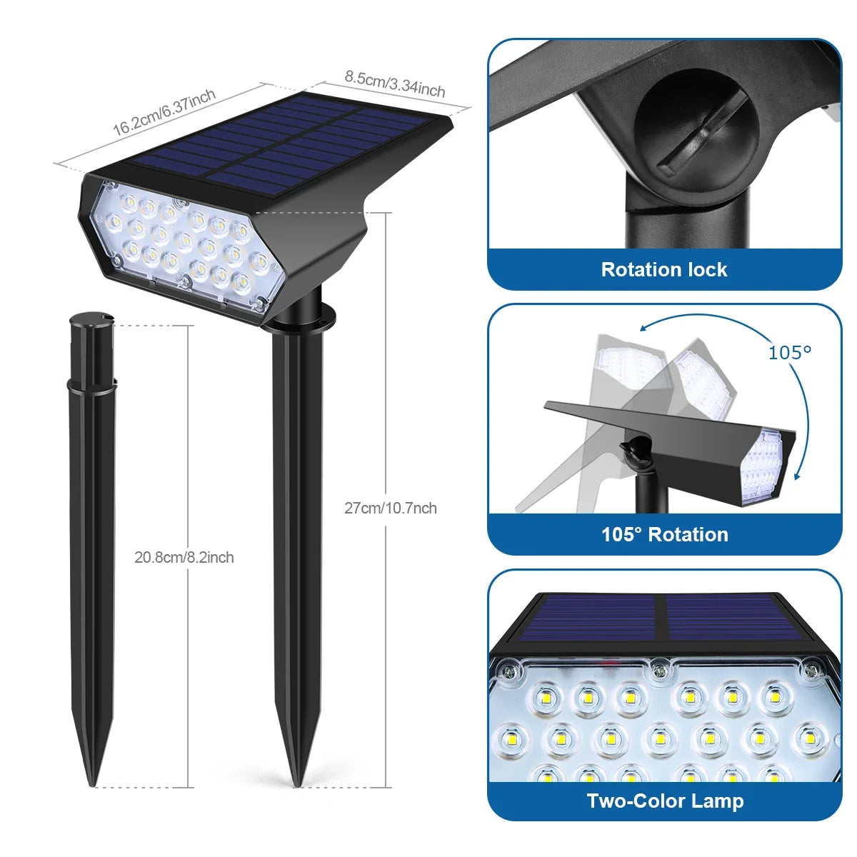 Dimmable LED Solar Spotlight With Monocrystalline Silicon Solar Panel Fast Charge For Outdoor Landscape Wall Pathway Garden Yard