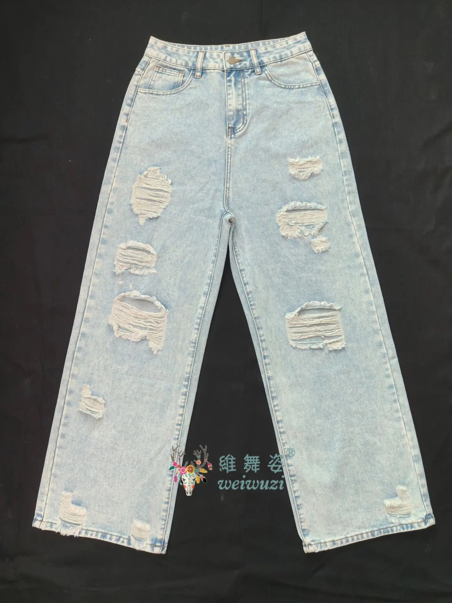 Women's Ripped Boyfriend JEANS Straight Wide-Leg Denim Pants Stretch Holes Denim Trousers Pocket Comfortable High Waist Pants