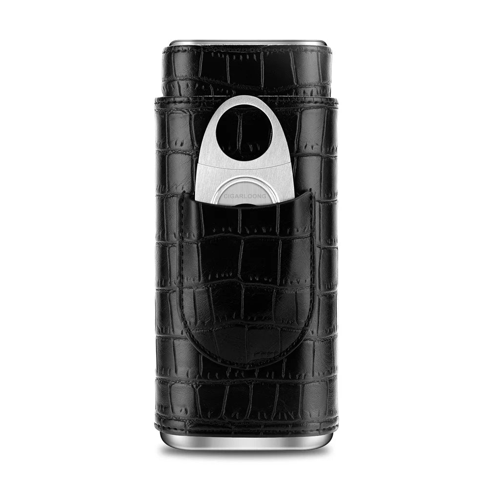 3-pack Cigar Case Luxury Portable Leather Holder Box Storage with Stainless Steel Sharp Cigar Cutter Smoking Accessories CH-24FA