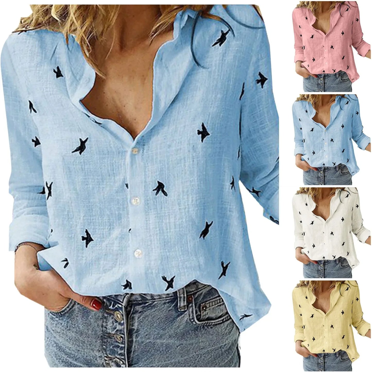 Korean Fashion Blue Pink Lapel Shirt Women'S Summer Thin Cool Cotton Linen Shirt French Elegant V-Neck Long Sleeve Shirt Lady