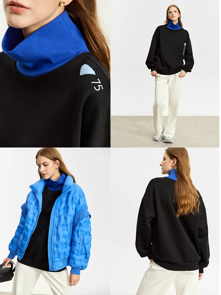 AMII Minimalist Preppy Style Embroidery Sweatshirt Women 2024 Autumn Lazy Loose Spliced Turtleneck Velvet Pullovers 12333011