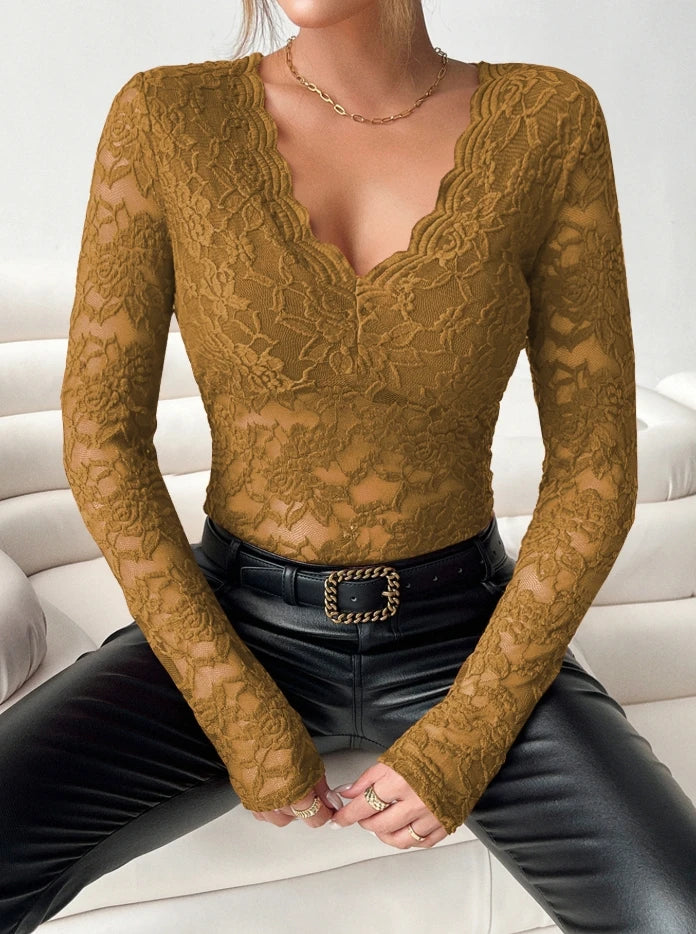 Top Women 2025 Spring New Sexy Perspective Embroidery Lace V-Neck Solid Color Long Sleeved Casual Slim Fit Daily Top