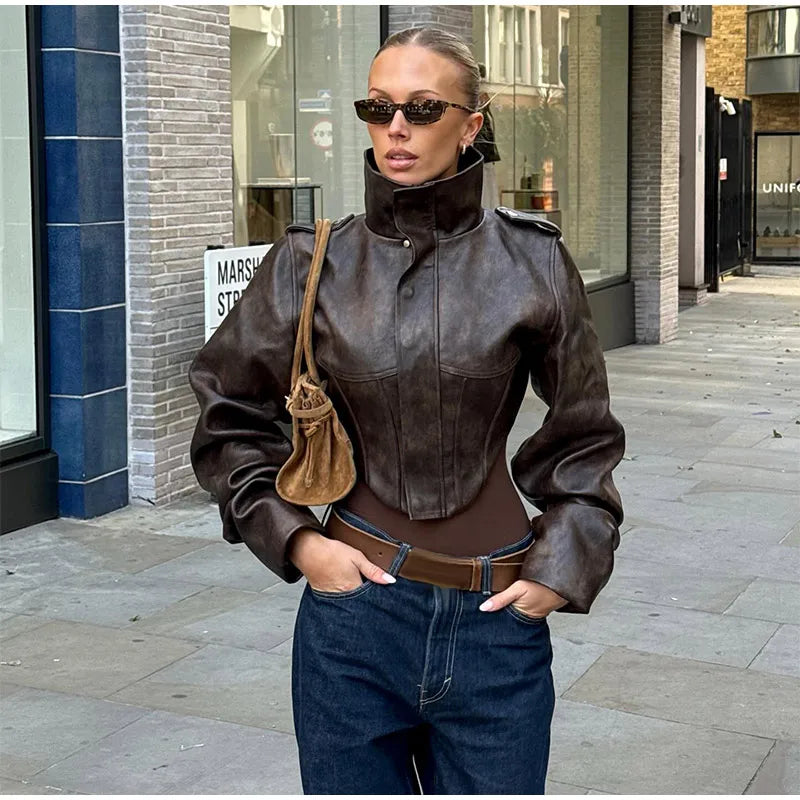 Fashion Lapel Leather Jacket Women's Full Sleeve Slim Solid Zippers Coat 2026 Spring New Lady Edgy Casual High Street Outerwear