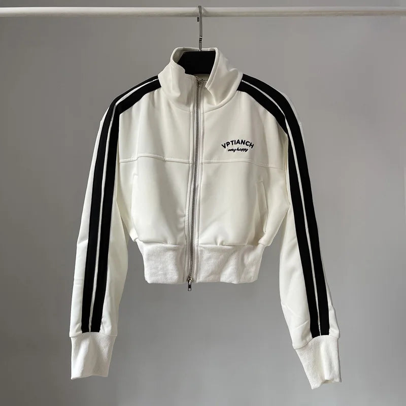 [YOZOU] Spring Double Zipper Baseball Cropped Jacket Women Outerwear Embroidered Striped Green Black White Blue Zip Up Coat