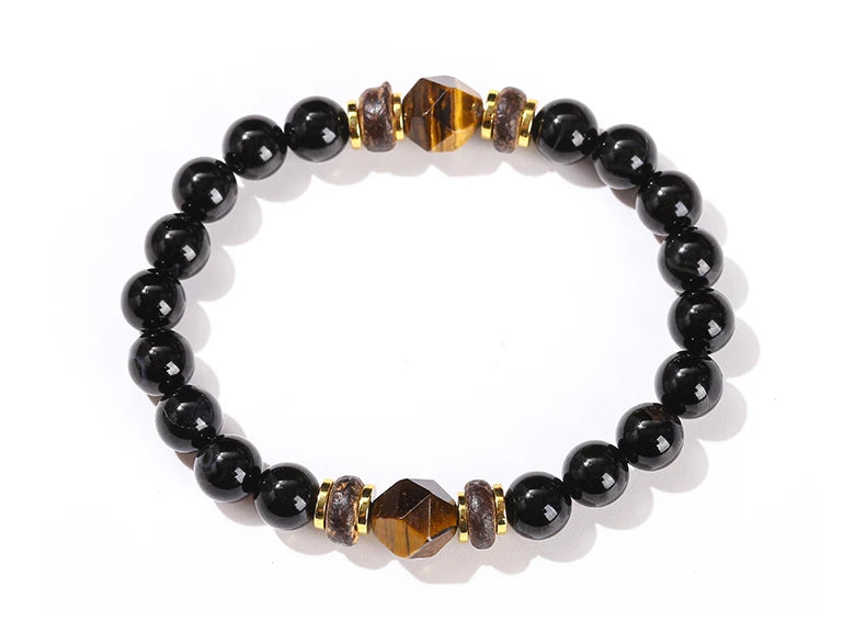 JD Natural Stone Black Agate Yellow Tiger Eye Faceted Bead Strand Bracelet Women Men Bohe Style Yoga Healing Energy Jewelry