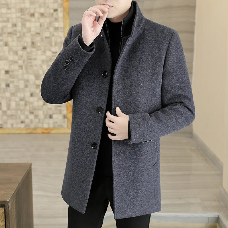 Men's Long Wool Coat High Quality Trendy Fashion Handsome Solid Color Wool Trench Coat with Removable Thickened down Inner Liner