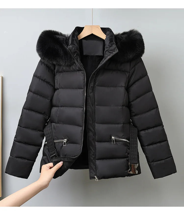 Winter Large Fur Coat Women With Belt Hooded Fur Collar Puffer Jacket Women New Warm Loose Parka Ladies Cotton Padded Overwear