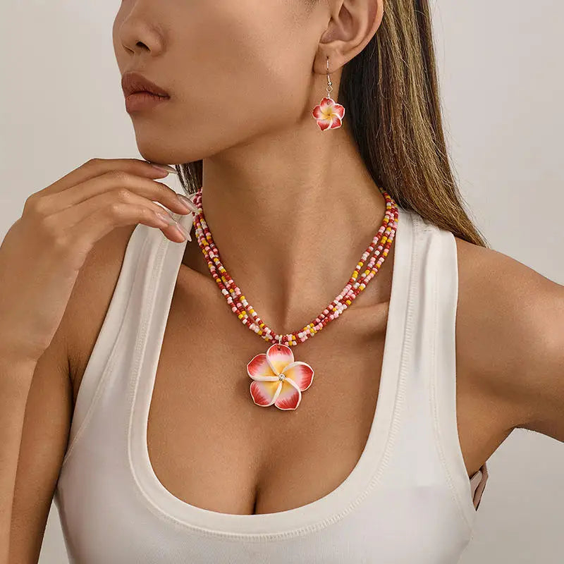 Egg Flower Earrings Necklaces Set Pendant Bohemia Flower Necklaces Earrings Drop Earrings Choker Vacation Style Jewelry Girl
