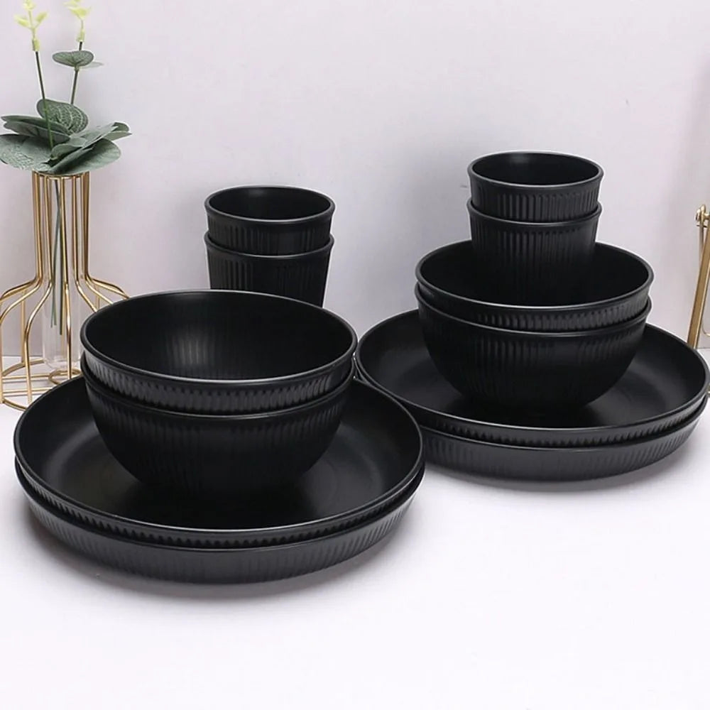 3pcs/set Eco-friendly Plastic Black Tableware Set Vertical Stripes Anti-fall Cutlery Set Plate/Bowl/Cup Party