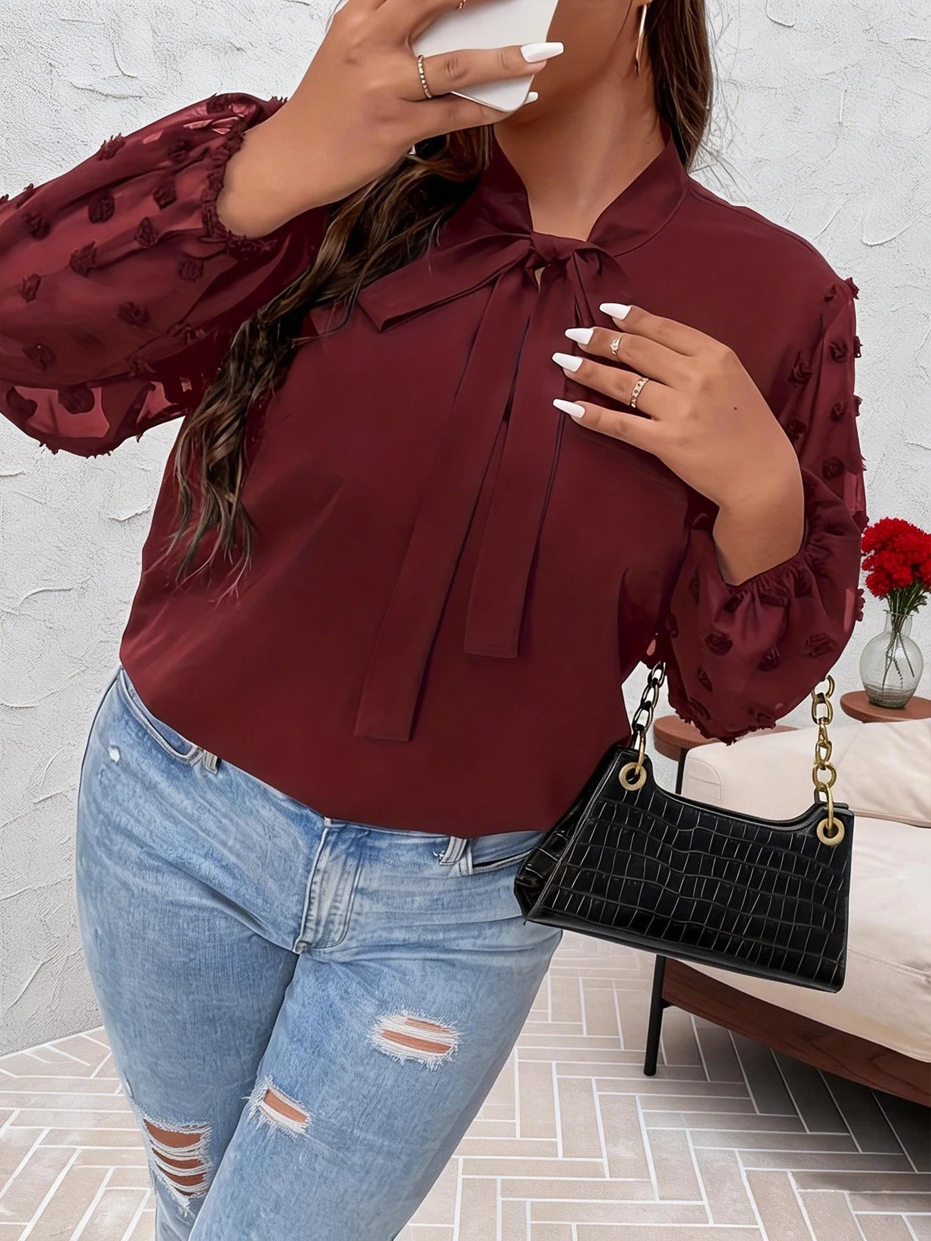 Plus Size Spring Autumn Women Elegant Bow Tie Neck Shirt Office Lady Fashion Solid Curve Clothing Casual Long Sleeve Tops