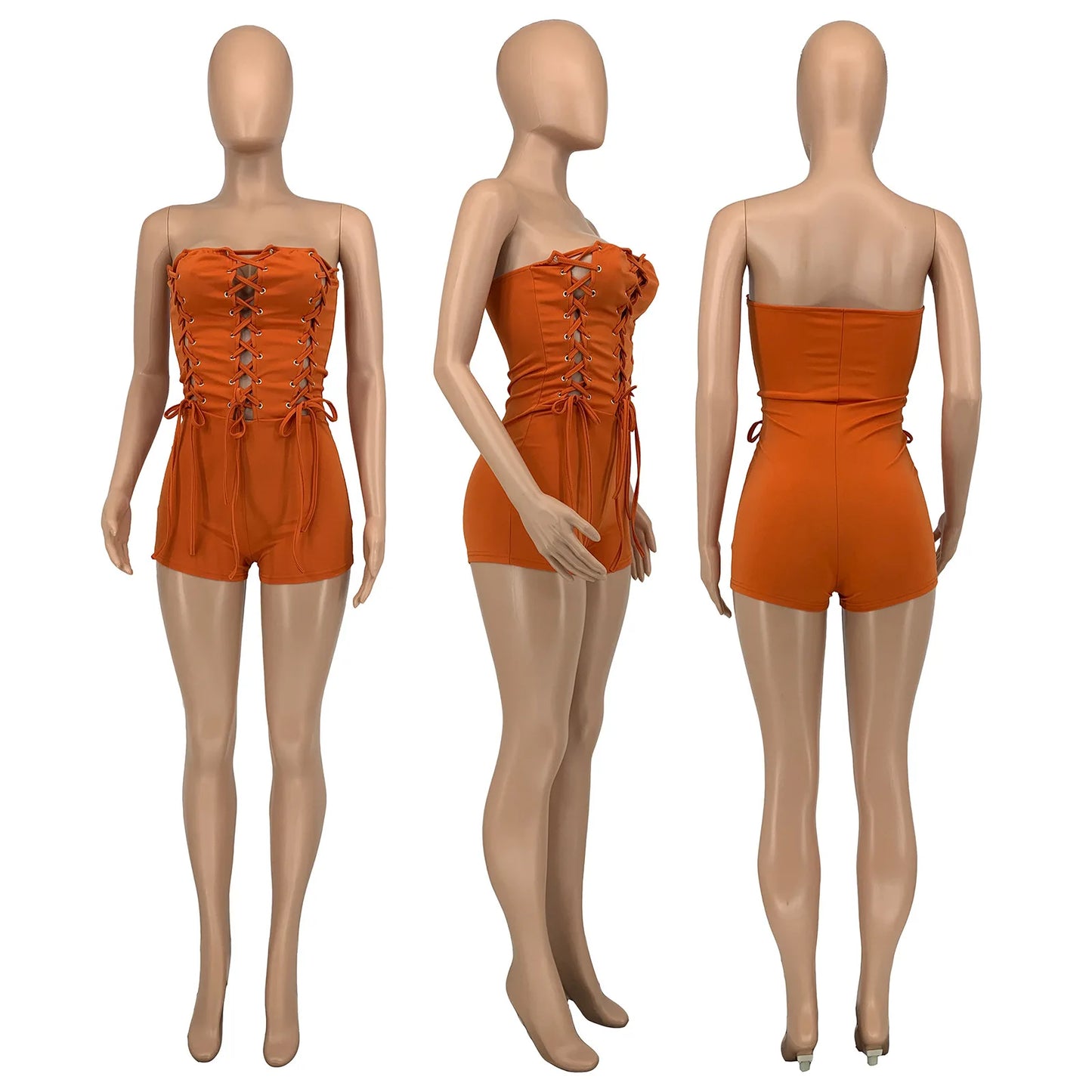 CM.YAYA Women Lace Up Strapless High Waist  Romper Playsuit 2022 Spring Summer Sexy Party Clubwear Bodycon One Piece Overalls