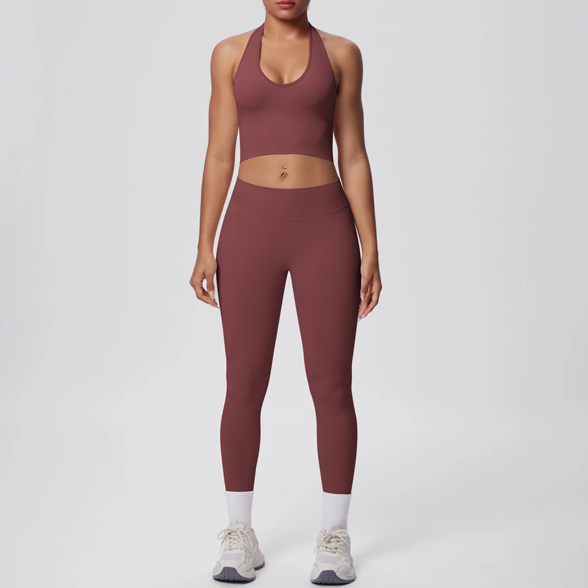 Solid Color Backless Breathable 2pieces Set for Woman High Strength Training Yoga Set Hanging Neck Bra Gym Push Up Fitness Pants