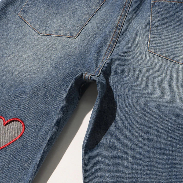 2025 Summer New Fashion Women's Jeans High Waist Straight Wide Leg Embroidery Heart Hollow Out Female Denim Pants