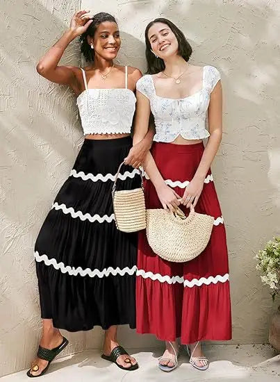 Women Dress Fashion Summer Women's Boho Elastic Waist A-line Skirt Fleece Frizzy Skirt Hem Layer Women's Vacation Outdoor Skirt