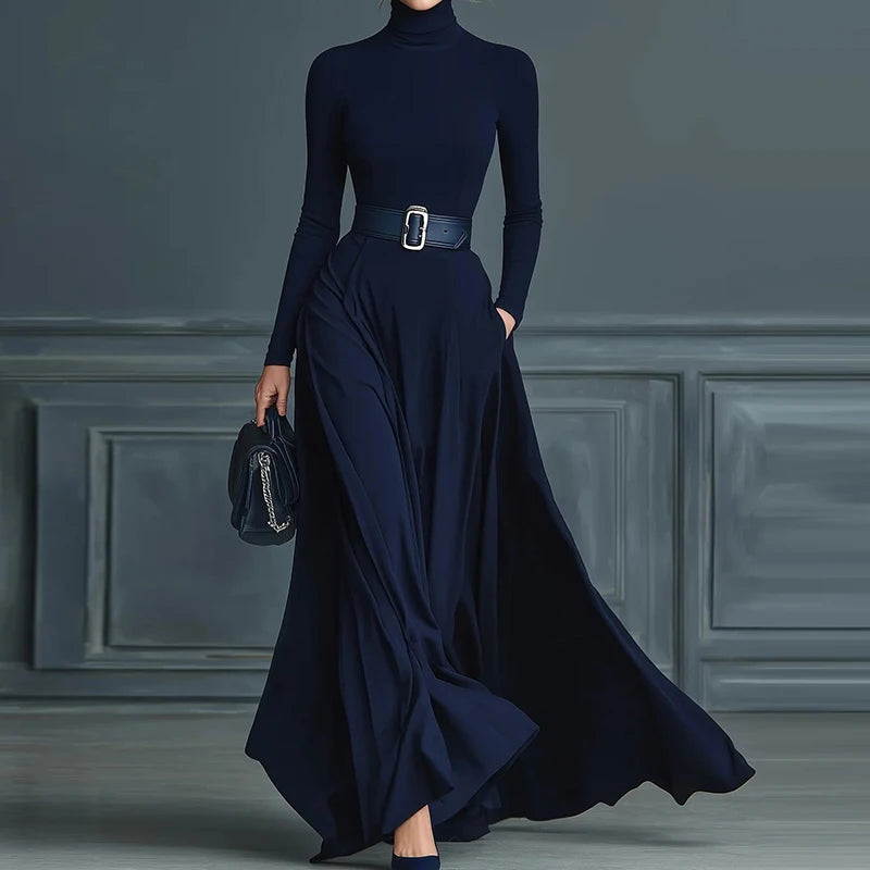 Spring Autumn Women Solid Color Turtleneck Maxi Dress, Holiday Long Sleeve Casual Party Dress, New Patchwork Simple Ladies Dress