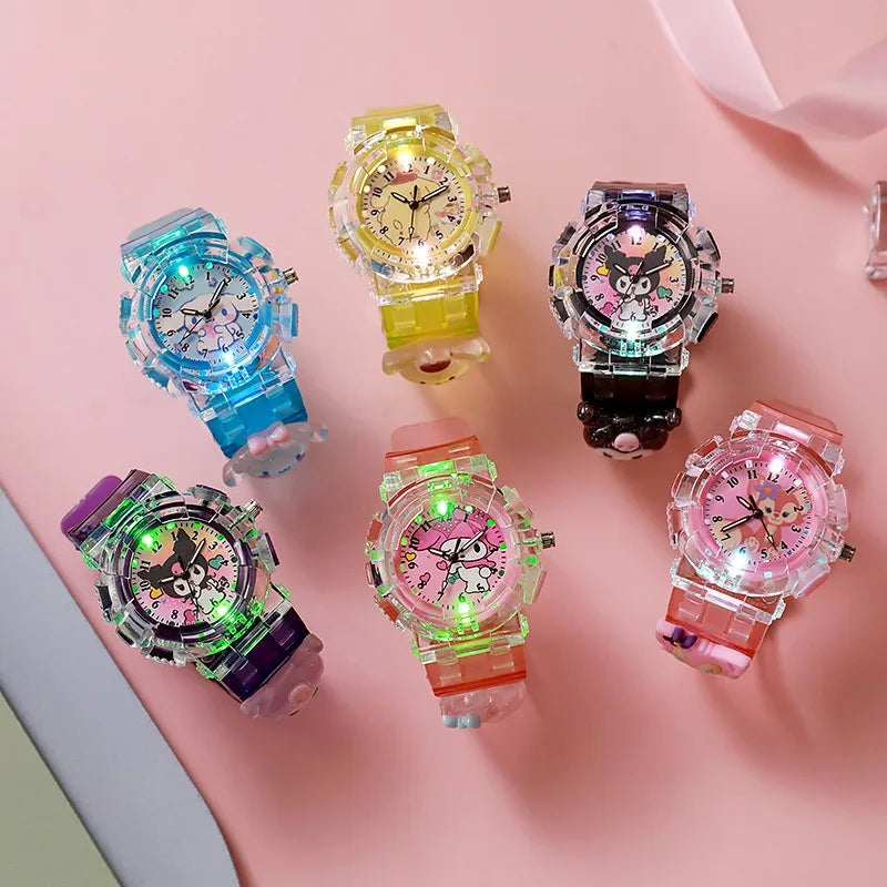 Sanrio luminescence Cinnamoro Kuromi 3D Pattern Child Wrist Watch Cute Watch Cartoon Christmas Watchband Kids Gift