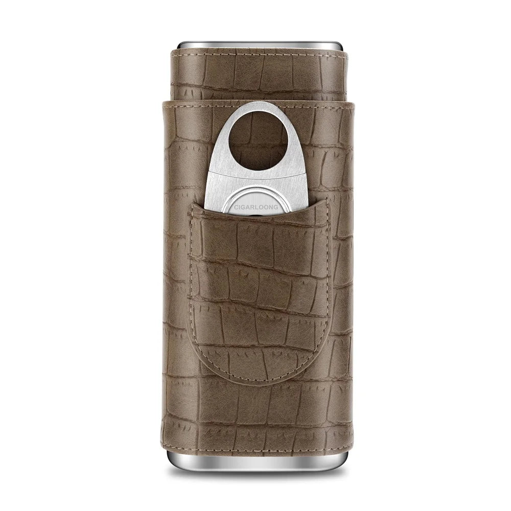 3-pack Cigar Case Luxury Portable Leather Holder Box Storage with Stainless Steel Sharp Cigar Cutter Smoking Accessories CH-24FA
