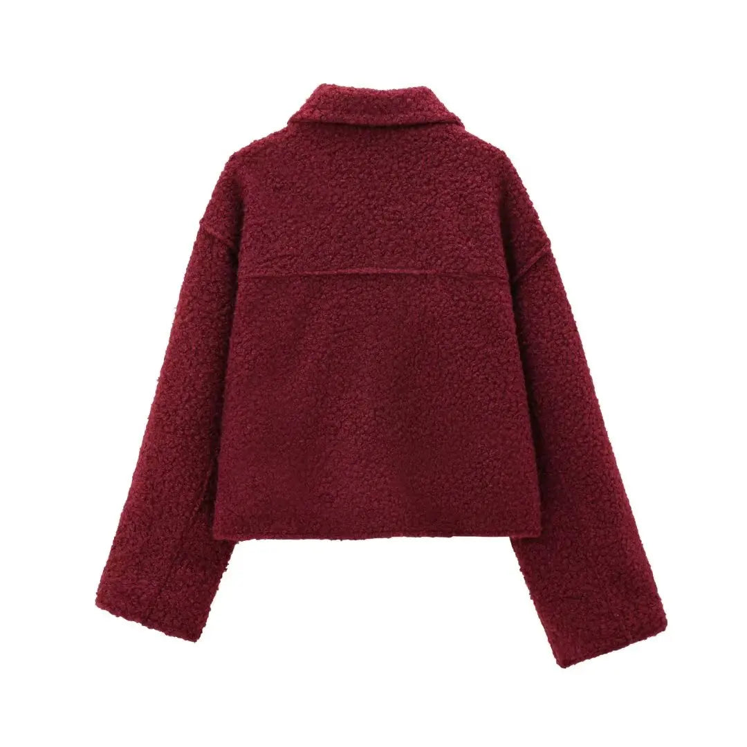 DUOPERI Women Fashion Winter Autumn Fleece Cropped Jacket Lapel Collar Long Sleeves Female Chic Lady Casual Short Outwear