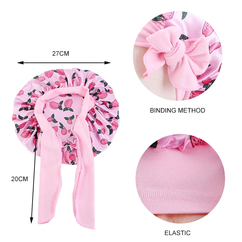 Adjustable Silky Satin Cap  Cartoon Baby Kids Print Satin Bonnet Sleep Hat Cap for Curly Hair