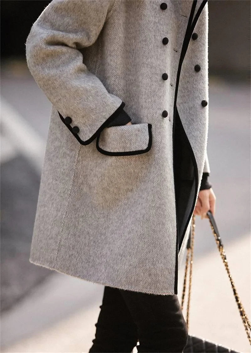 New High Quality Woolen Coat Female Autumn Winter Fashion Korean Slim Casual Versatile Style Contrast Color Wool Overcoat Women