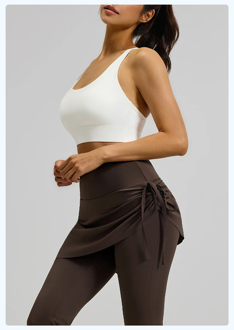 BIVIGAOS New Spring Drawstring Pleated Yoga Leggings Skirt Pants Fake Two Piece Women High Waist Elastic Sports Fitness Leggings