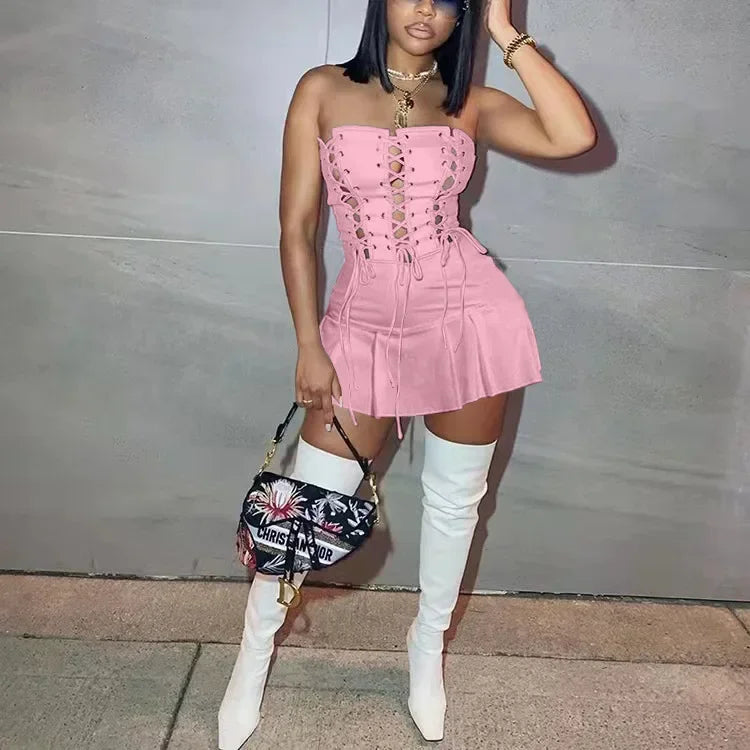 CM.YAYA Women Lace Up Strapless High Waist  Romper Playsuit 2022 Spring Summer Sexy Party Clubwear Bodycon One Piece Overalls