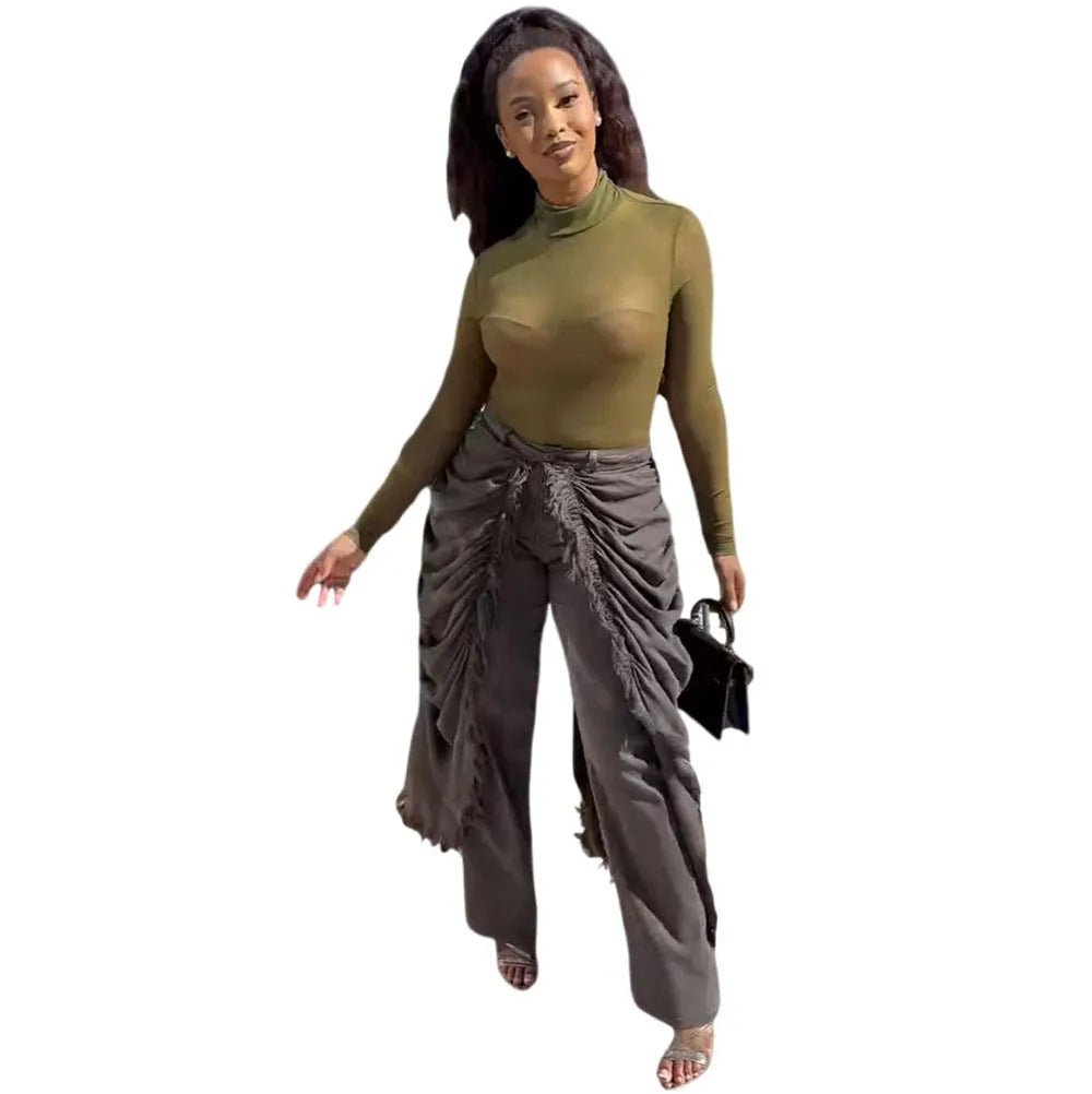 Women Solid Jeans Pants Denim Pleated Trousers Fuzzy Edge Full Lenth Mid Waist Zipper Straight Y2k Streetwear Casual 2026 Spring