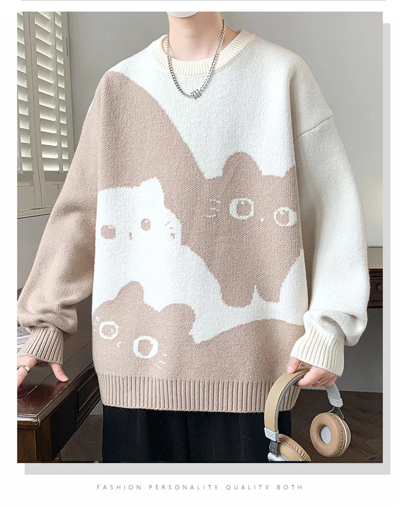 Winter Men's Anime Cat Jacquard Crewneck Knitted Sweaters Hip Hop Fashion Graphic Printed Y2K Jumpers Streetwear Knit Pullovers