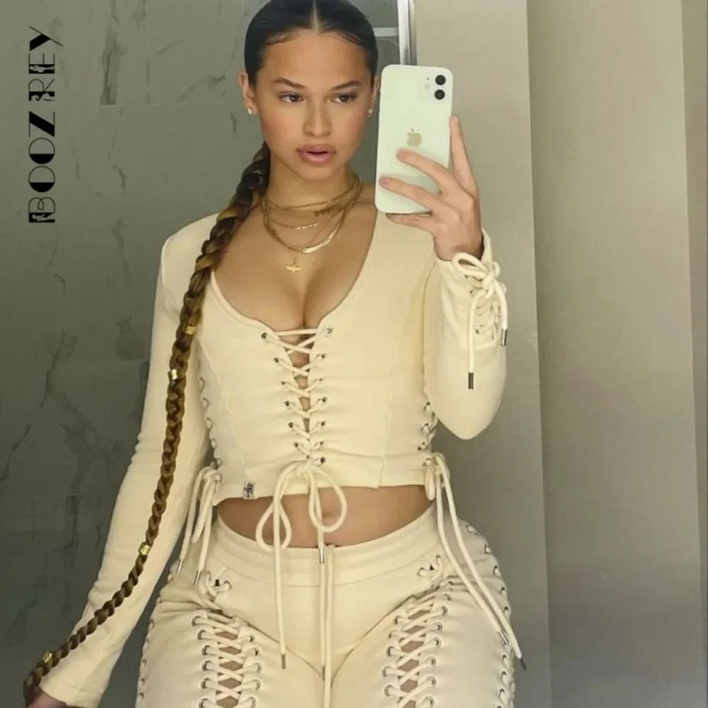 BoozRey Y2k Women Pants Streetwear Low Waist Pant 90s Vintage Clothes Skinny Slim Sexy Lace Up Hollow Out Straight Trousers