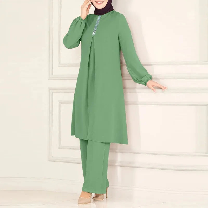 Islamic Fashion Clothing Suits for Women Spring Autumn Solid Color Elegant Abaya Long-sleeved Shirt Loose Wide-leg Pant Muslim