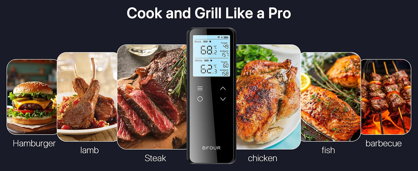 Meat Thermometer Wireless Bluetooth Probe with WiFi Unlimited Range Support APP Alarm Reminder for BBQ, Oven, Air Fryer
