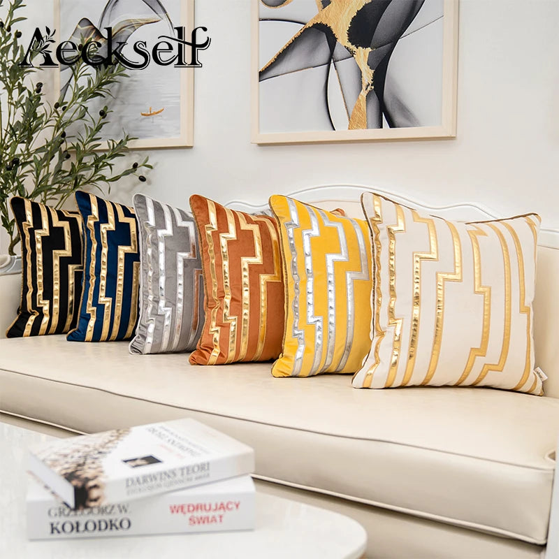 Aeckself Luxury Geometric Plaid Gold Grey Leather Embroidery Velvet Cushion Cover Home Decor Throw Pillow Case White Grey Black