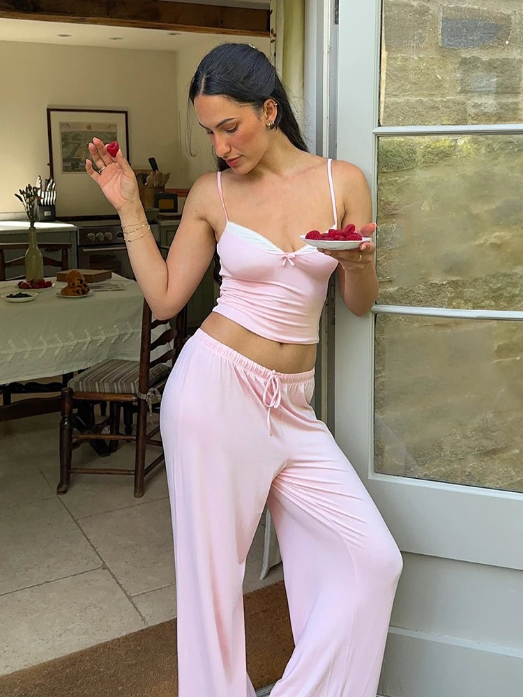 Hiloc Cute Woman Pink Spaghetti Strap Bow Top Suit Elastic Drawstring Floor-Length Pants Sets V-Neck Home Pullover Pajama Outfit