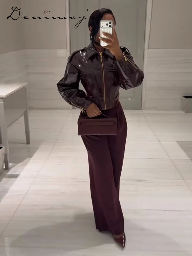 Fashion Lapel Leather Jacket Women's Full Sleeve Slim Solid Zippers Coat 2026 Spring New Lady Edgy Casual High Street Outerwear