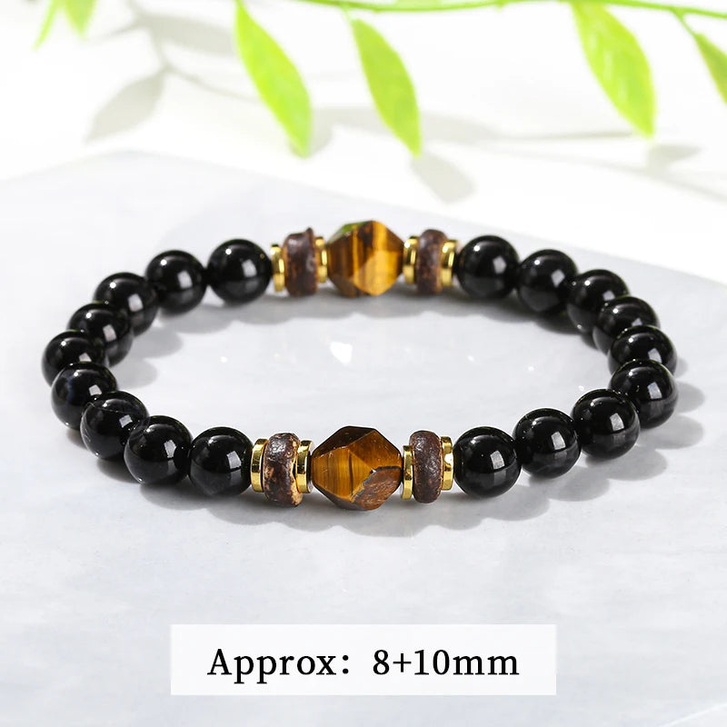 JD Natural Stone Black Agate Yellow Tiger Eye Faceted Bead Strand Bracelet Women Men Bohe Style Yoga Healing Energy Jewelry