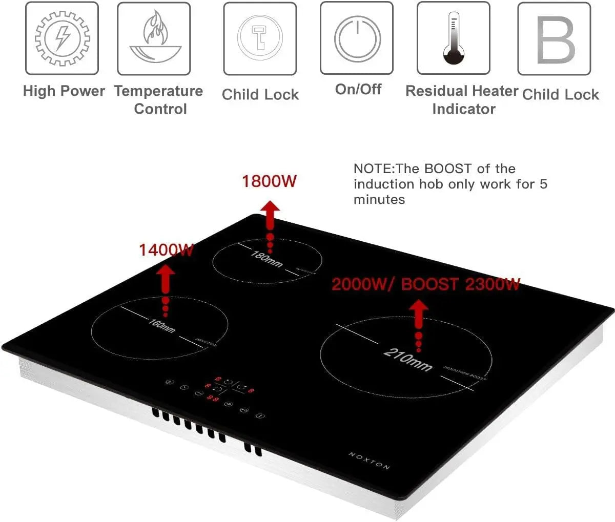 NOXTON Induction Hob 3-Burner, 60cm Built in Induction Hob, Electric Hob with Touch Control, Timer, Safety Lock, 5200Watts, wi