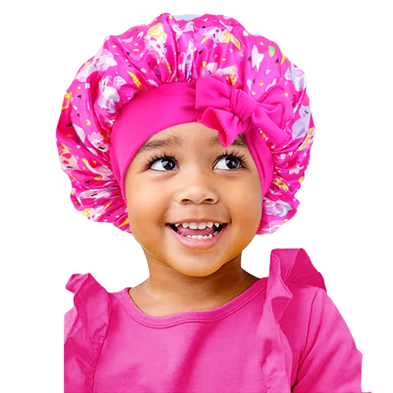 Adjustable Silky Satin Cap  Cartoon Baby Kids Print Satin Bonnet Sleep Hat Cap for Curly Hair
