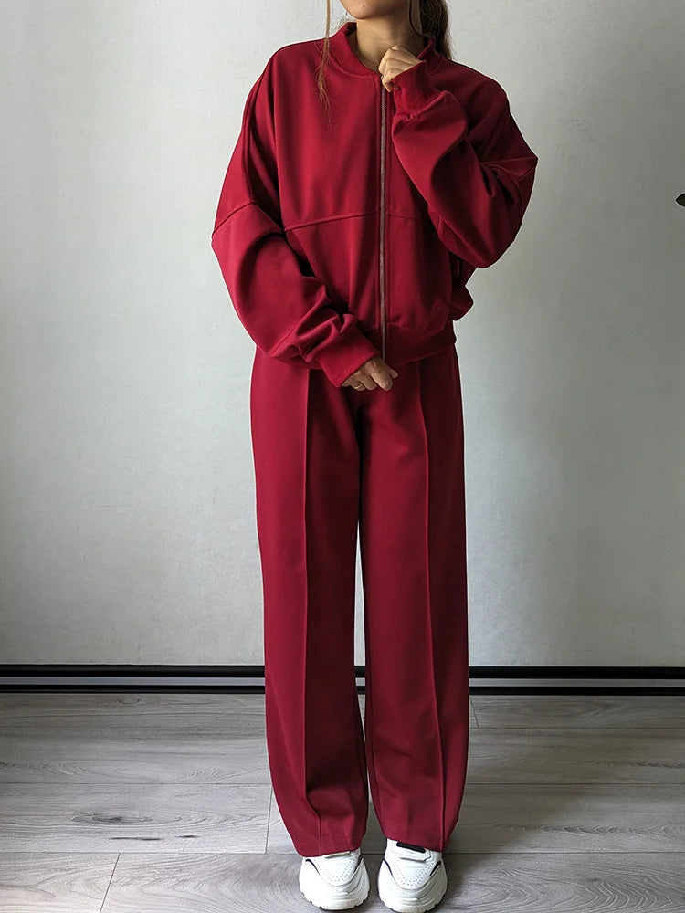 Gray Straight Pants Two Pieces Sets Women Outfit Long Sweatpants Street Wear Zipper Jacket Track Suits Sweatshirt Sets For Women