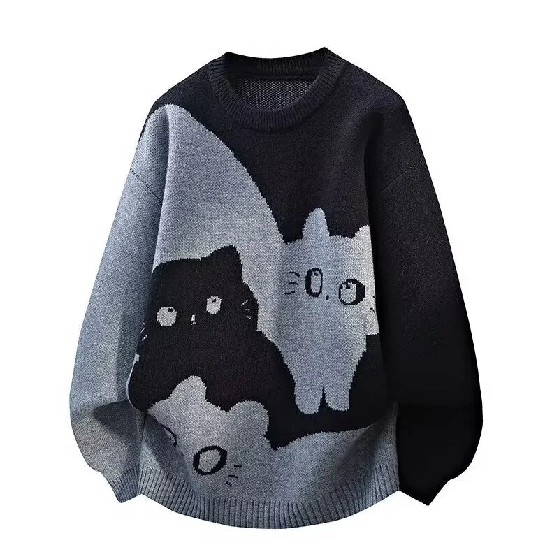 Winter Men's Anime Cat Jacquard Crewneck Knitted Sweaters Hip Hop Fashion Graphic Printed Y2K Jumpers Streetwear Knit Pullovers