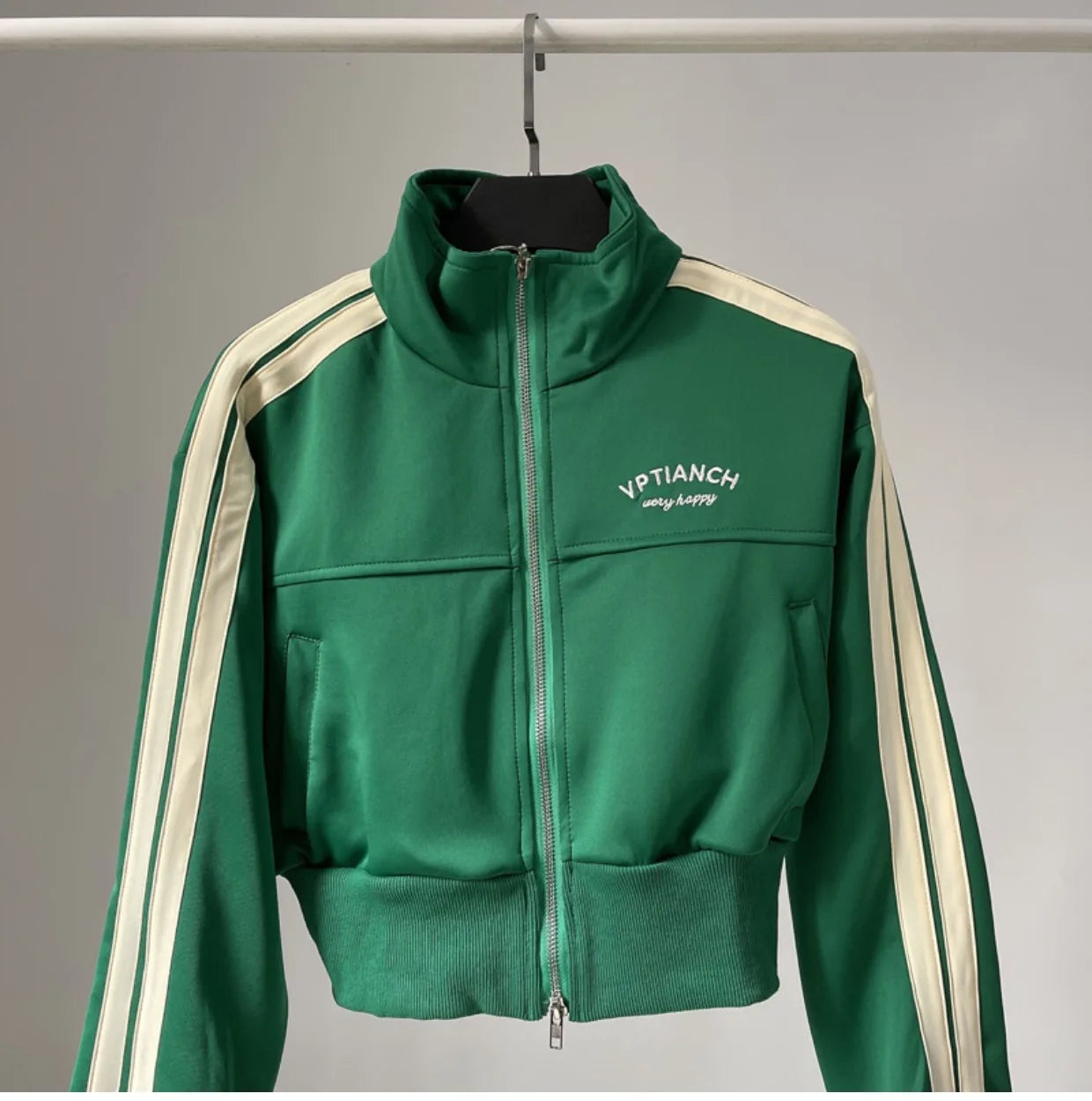 [YOZOU] Spring Double Zipper Baseball Cropped Jacket Women Outerwear Embroidered Striped Green Black White Blue Zip Up Coat