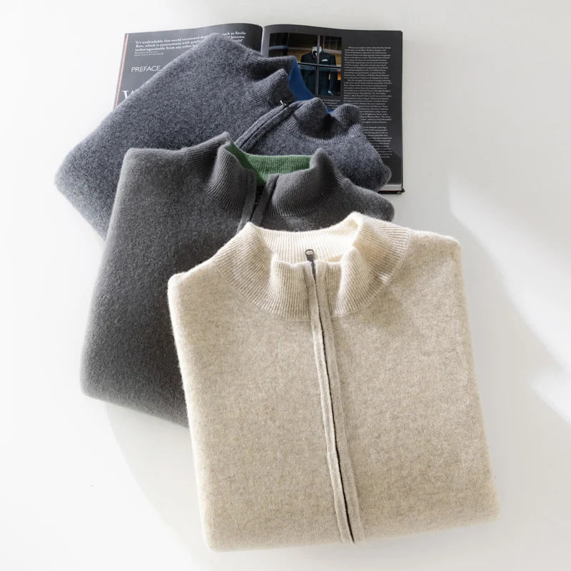 Men 100% Merino Wool Sweater Zipper Cardigan Wear Both Sides Autumn Winter Thick Warm Casual Cashmere Jumper Knitwear Coat Tops