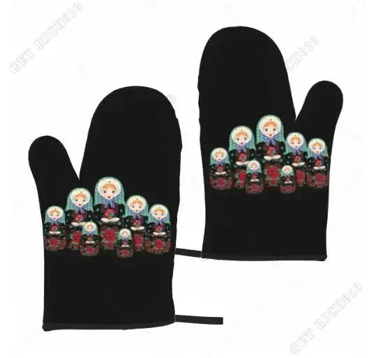 Fashion Print Russian Babushka Matryoshka Doll Set of 2 Kitchen Gloves Women Men Oven Gloves Heat Resistant for BBQ Cooking