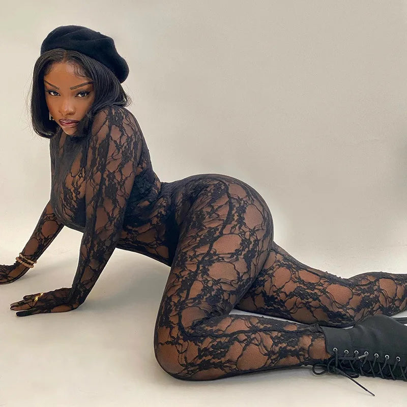 Mesh Sheer Hollow Out Long Sleeve Sexy See Through Skinny Exotic Jumpsuit Bodycon Summer Women Outfit Night Party with Gloves
