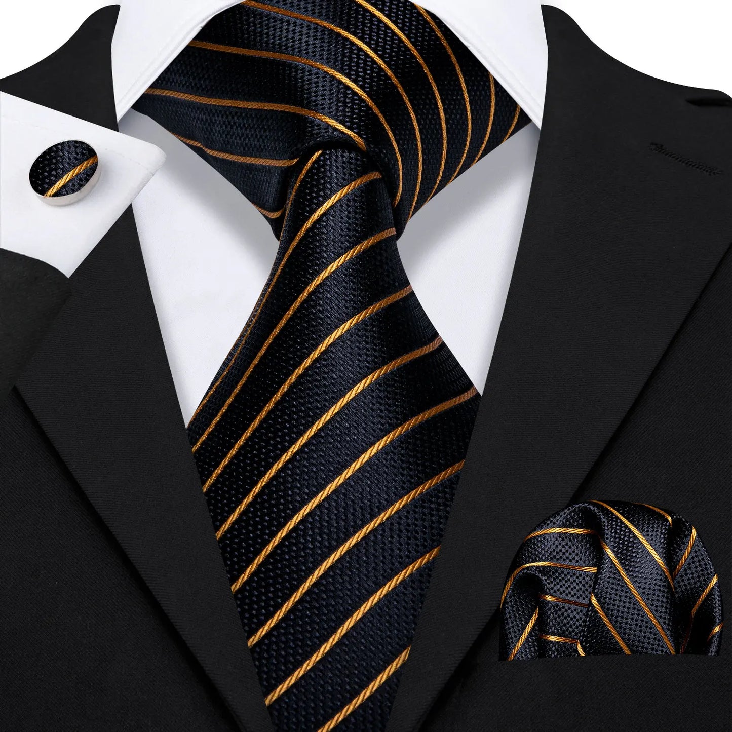 Barry.Wang Orange Brown Silk Mens Tie Hanky Cufflinks Set Gold Coffee Jacquard Designer Necktie For Male Wedding Business Party