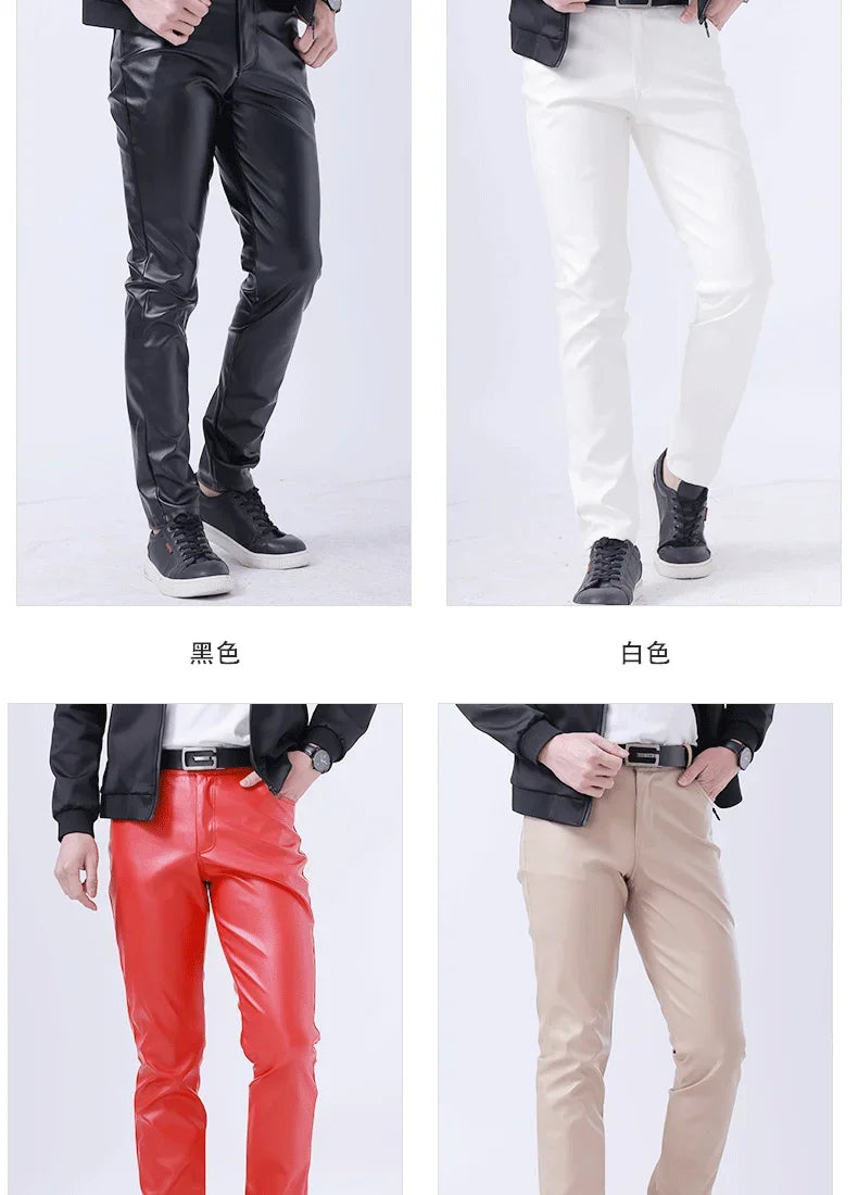 Spring Autumn Stretch Skinny Faux Leather Pants Men Black White Red Blue Khaki Grey PU Pants Plus Size 40 Men Joggers