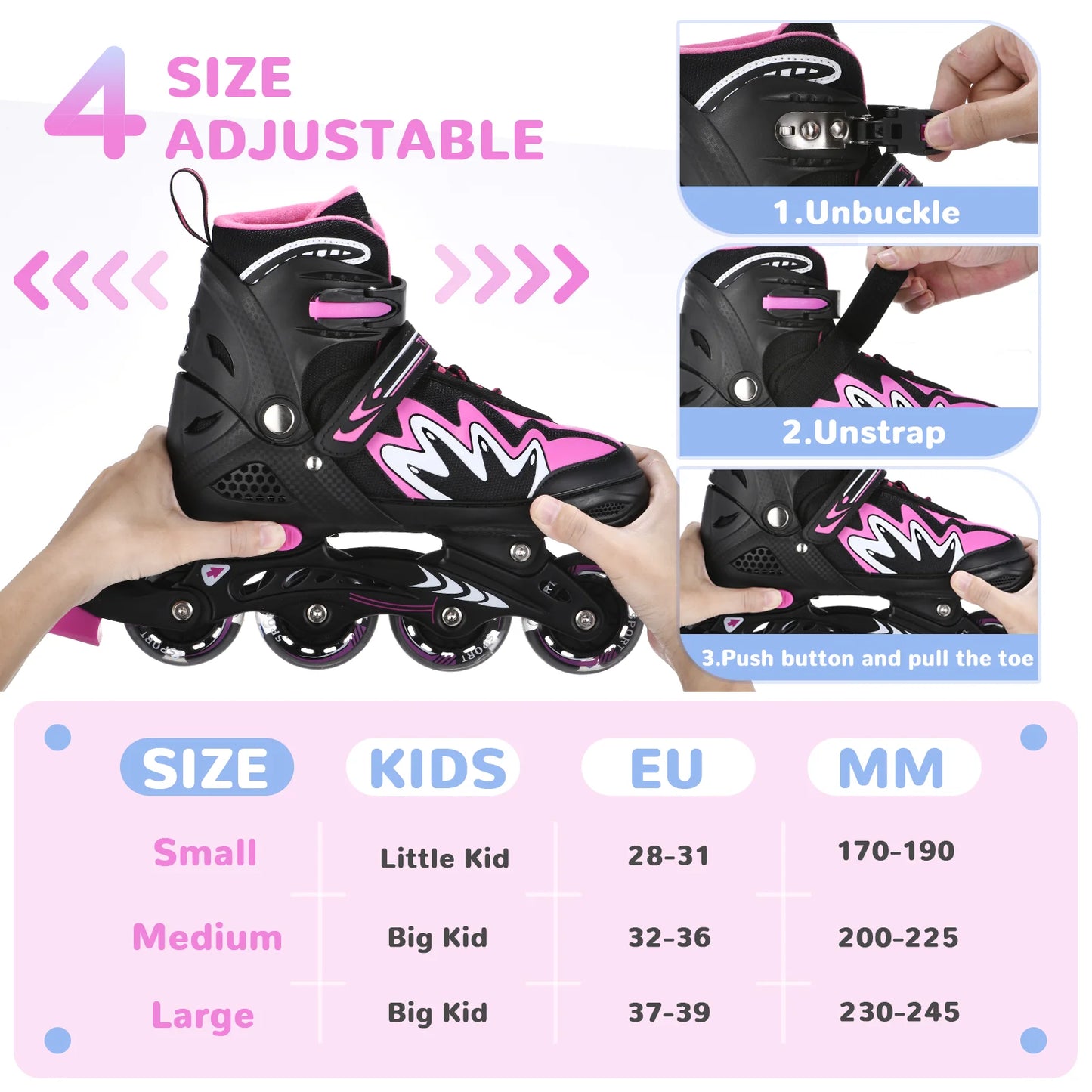 Tomshoo Roller Blades Kids Adjustable Roller Skates w Light-Up Wheels Secure Triple Girls Boys Toddler Smooth Quiet Rollerblades