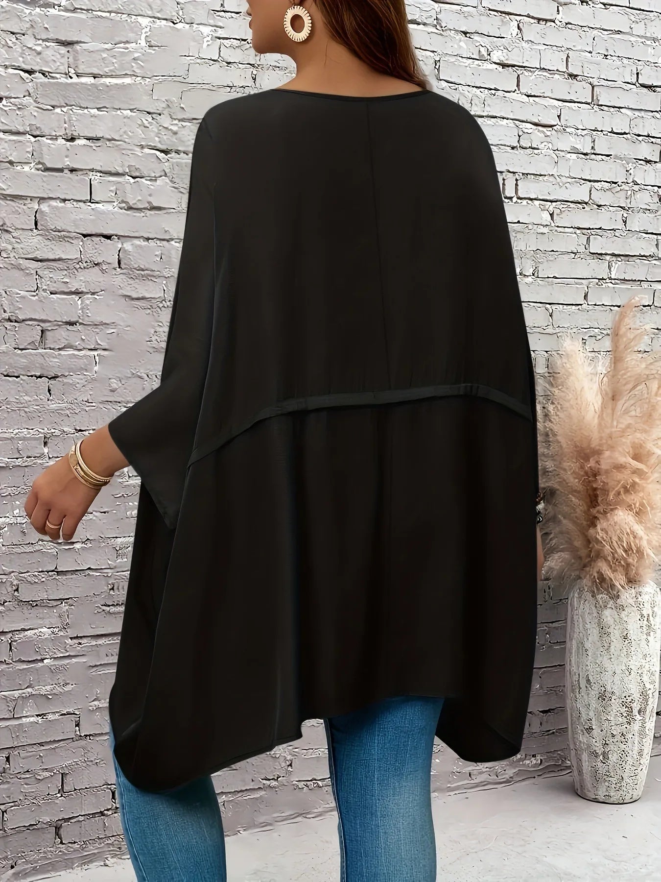 Plus-size women's clothing - solid-color loose crew-neck batwing sleeve top for spring and autumn casual vacations