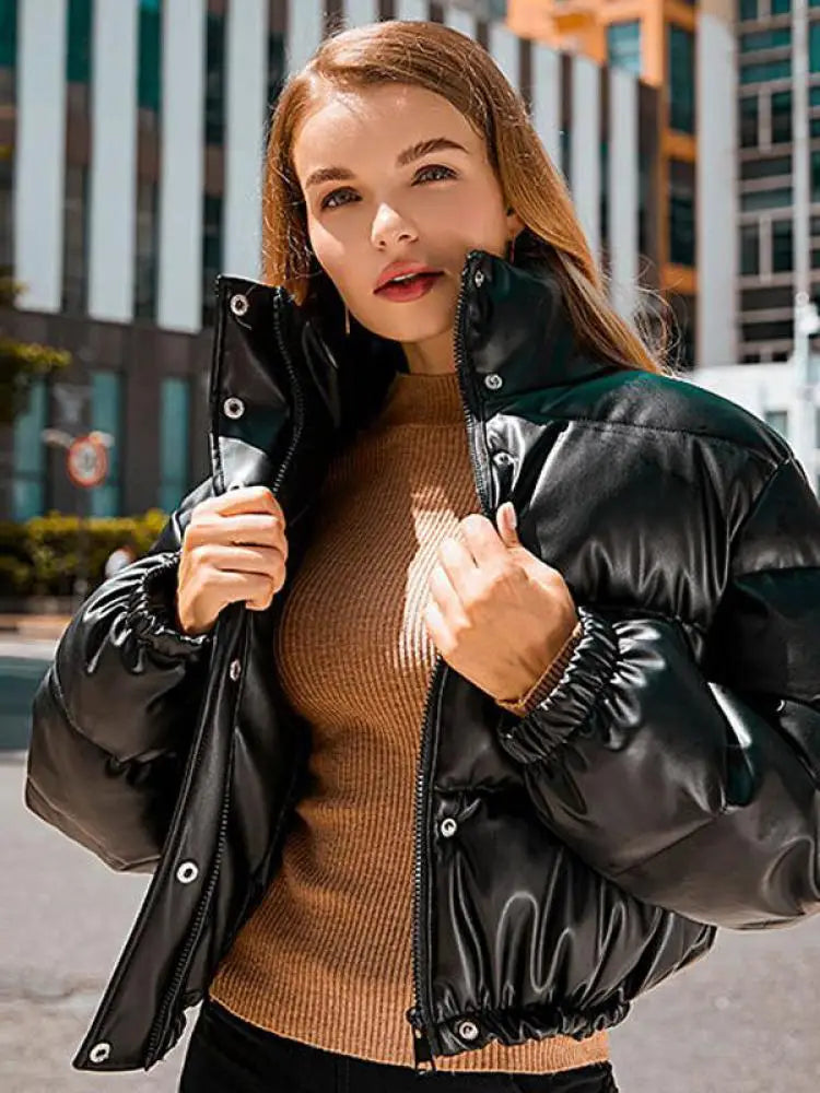 Winter Warm Thick PU Leather Coats Women Short Parkas Fashion Black Cotton Padded Lady Down Jacket Elegant Zipper Clothes 2025