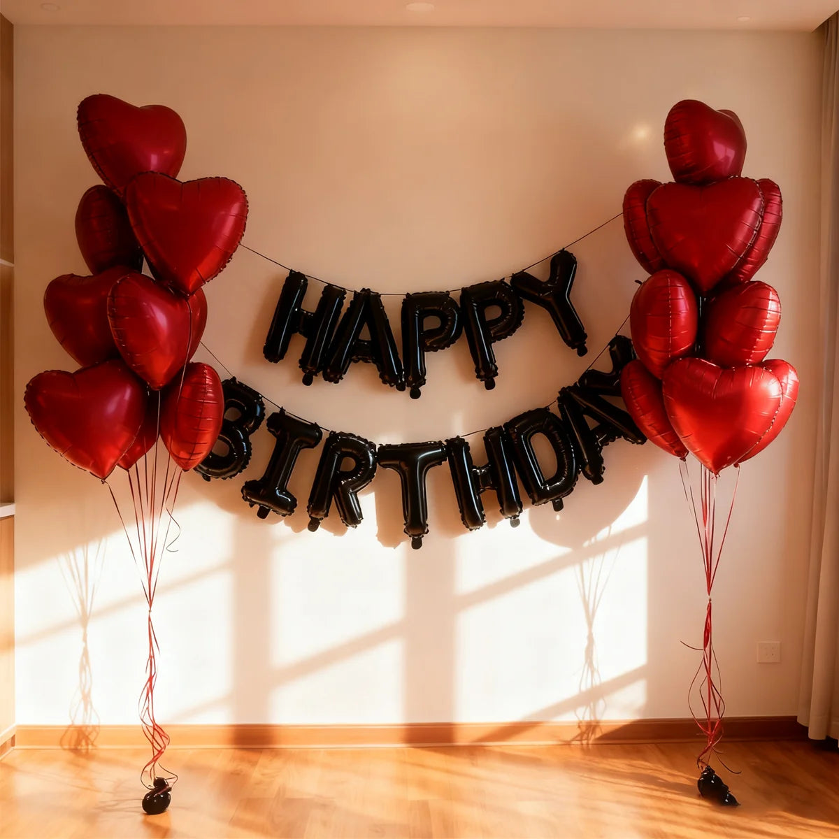 Black Happy Birthday Balloon Set Red Heart Balloon Bow Aluminum Film Balloon for Birthday Party Decoration Photography Props